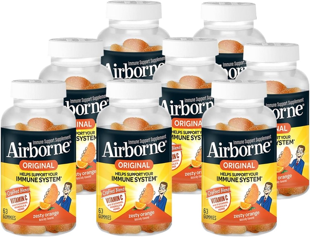 Airborne 750mg C-vitamin immuntilskud Gummies for voksne, Zeress Orange Flavor, Gluten Free Crafted Blend med stærke antioxidanter Vitaminer A C & E, 63 Gummies (8 Pack)