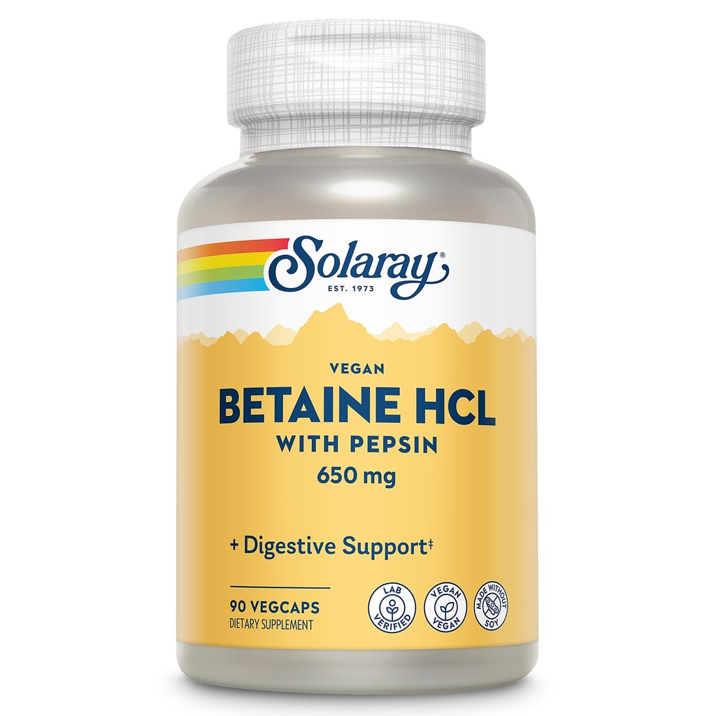 SOLARAY Vegan Betaine HCL med pepsin - Saltsyre supplement til fordøjelsessygdomme - med betain Hydrochlorid og fordøjelsesenzymer - Gut Health Support - 60- Day Garanti, 90 VegCaps