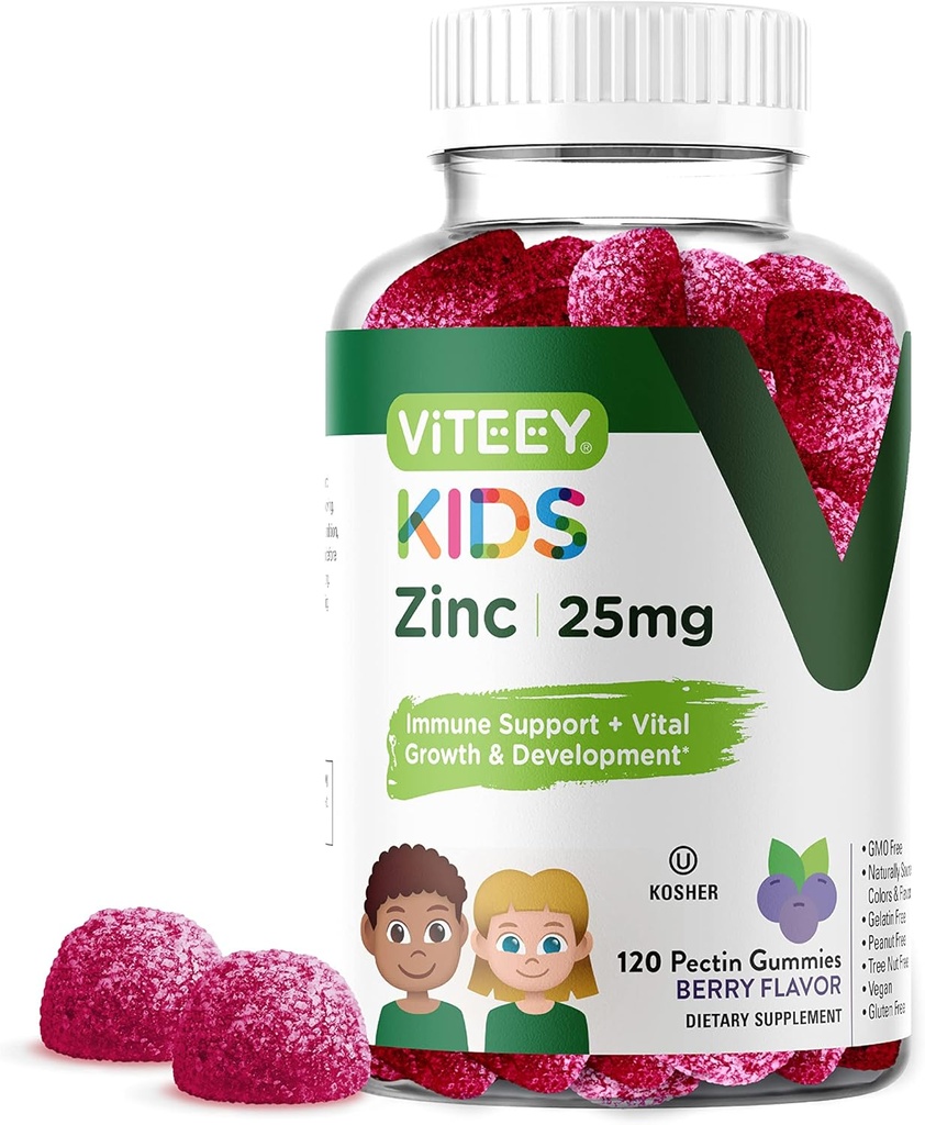 Viteey Zink til børn Gummies, 25mg - immunforsvar for børn & teenagere - kraftfulde naturlige antioxidant, Kids Zink Vitamin supplement - Vegan, Gelatine fri, Gluten fri - Tasty Chewable Berry Flavor Gummy