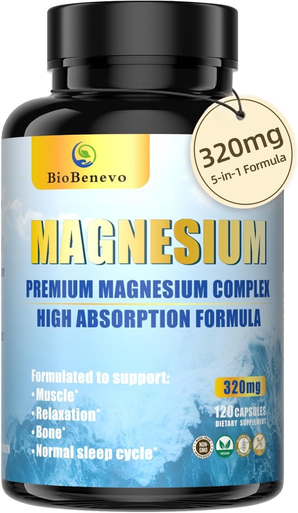 5- in-1 Magnesiumkompleks: 124; 320mg Magnesiumglycinat, malat, citrat: 124; Støtte til søvn, muskelafslapning og energistofskifte: 124; Høj Absorption: 124; Vegan, ikke- GMO: 124; 120 Kapsler