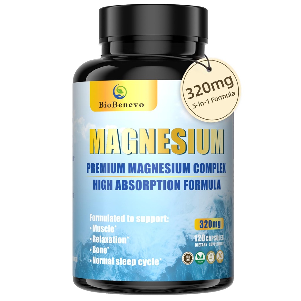 5-in-1 Magnesium Complex | 320mg of Magnesium Glycinate, Malate, Citrate… | Support for Sleep, Muscle Relaxation, and Energy Metabolism | High Absorption | Vegan, Non-GMO | 120 Capsules