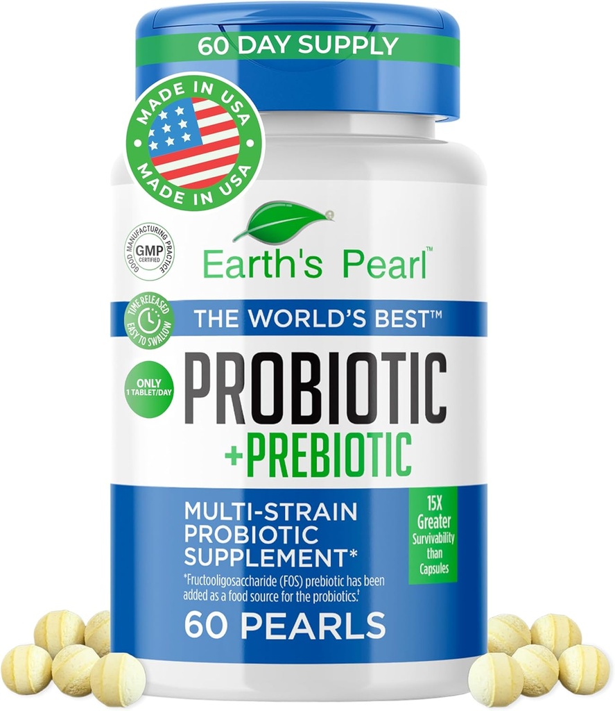 Earth's Pearl Probiotics for Women & Men & Kids - Pearl-Shaped Probiotic & Prebiotics with BIO-Tract®, 4 Billion CFU, Gut Health Support (60-Day Supply)