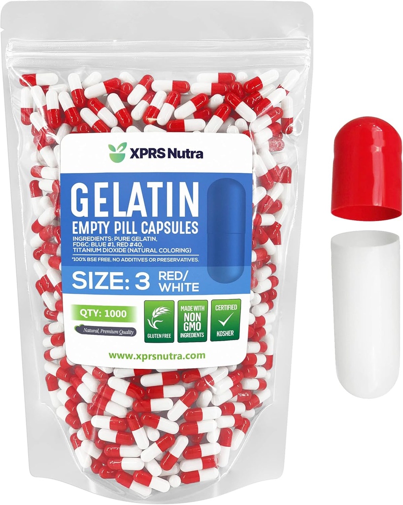 XPRS Nutra Størrelse 3 Tomme kapsler - 1000 Tomme Gelatine kapsler - Piller gør det - Pure Bovin Pill Gel Caps Fyldelig til Do- It- Yourself vitaminer og kosttilskud (rød / hvid)