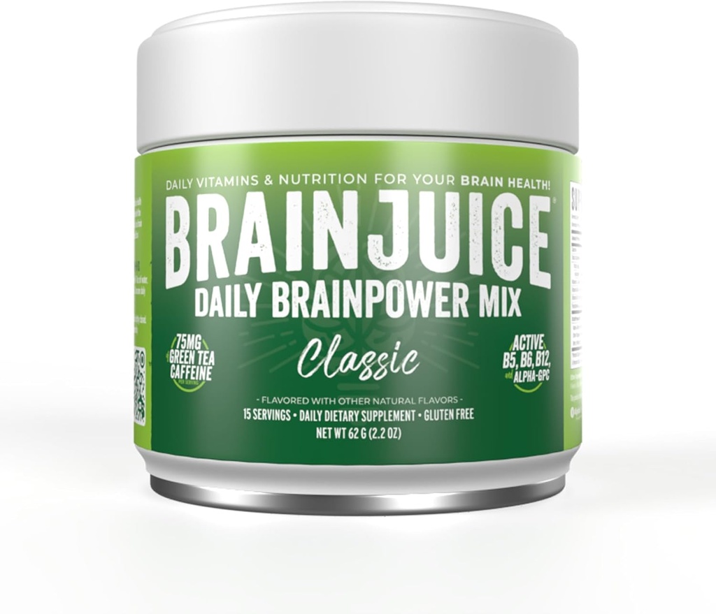 BrainJuice Nootropics Brain Support, Gluten Free Powder for Energy and Focus, Drink Mix med L Theanine, Alpha GPC, Vitamin B, Organic Green Tea Extract Koffein, Classic, 15 Servere