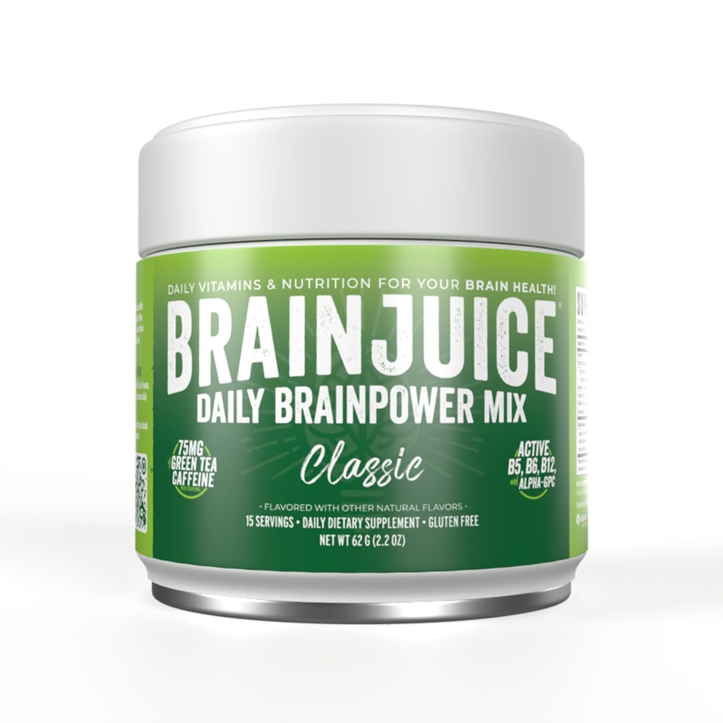 BrainJuice Nootropics Brain Support, Gluten Free Powder for Energy and Focus, Drink Mix med L Theanine, Alpha GPC, Vitamin B, Organic Green Tea Extract Koffein, Classic, 15 Servere