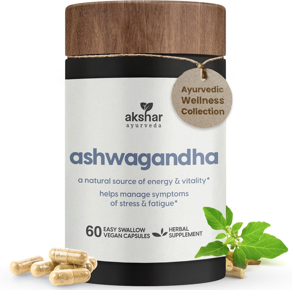 Akshar Ayurveda - Ashwagandha Kapsler med Ashwagandha Root Extract og Powder - Adaptogen Herbal Support til Stress, Mood, Energy & Vitality - Vegansk Cruelty- Gratis Ashwagandha Kosttilskud (60 Greve)