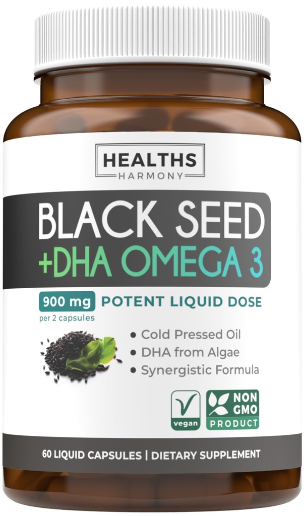 Cold- Pressed Black Seed Oil Capsules - Vegan Non- GMO Nigella Sativa Black Seed Oil Supplement med Omega 3 DHA for fuld Body Wellness & Brain Support - Vegan Omega 3 & Thymoquinone- Rich (1 måned)