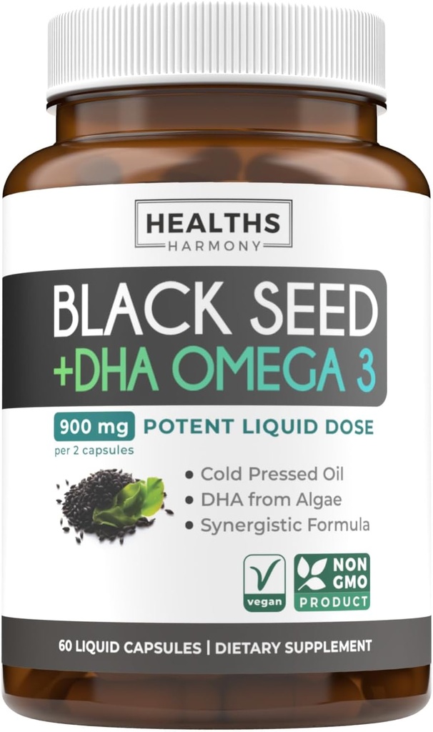 Cold-Pressed Black Seed Oil Capsules - Vegan Non-GMO Nigella Sativa Black Seed Oil Supplement with Omega 3 DHA for Full Body Wellness & Brain Support - Vegan Omega 3 & Thymoquinone-Rich (1 Month)