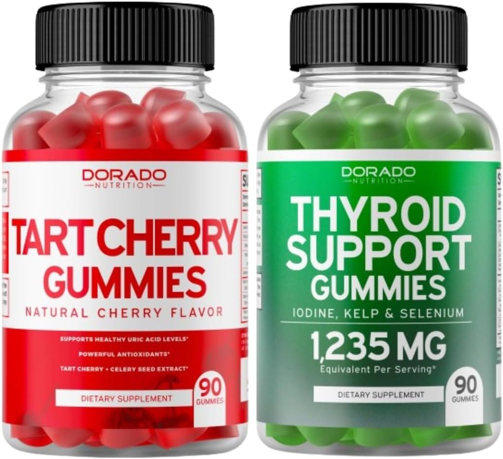 Tart Cherry (90 Gummies) Urisyre niveau støtte til voksne - kraftfuld antioxidant med Selleri frø og Thyroid Support (90 Gummies) Ashwaganda & Bladderwrack Support - Vegan & Made i USA