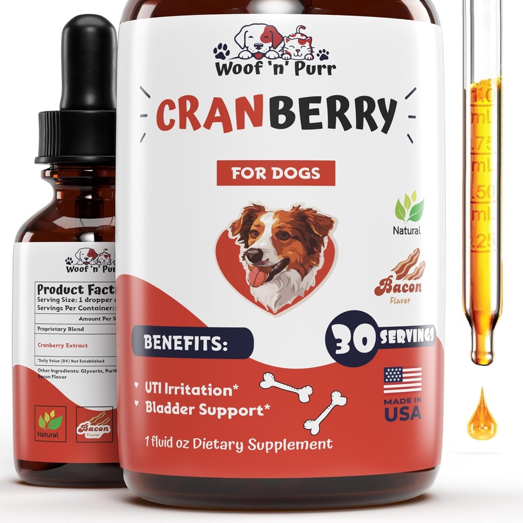Cranberry supplement til hunde - Hund UTI Behandling - Hund Cranberry supplement - Cranberry til hunde - Hund UTI Cranberry - Hund UTI - UTI Behandling af hunde - UTI Hunde - 1 fl oz - Bacon Flavor
