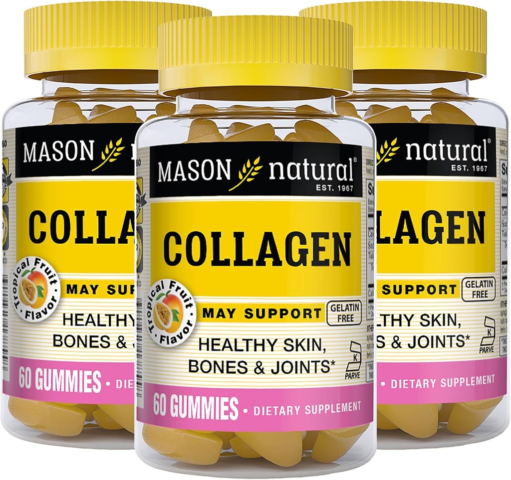 MASON NATURAL Collagen Gummies - Understøtter sund hud, ben og joints, Tropical Flavor, Kosher, 60 Gummies (Pack of 3)