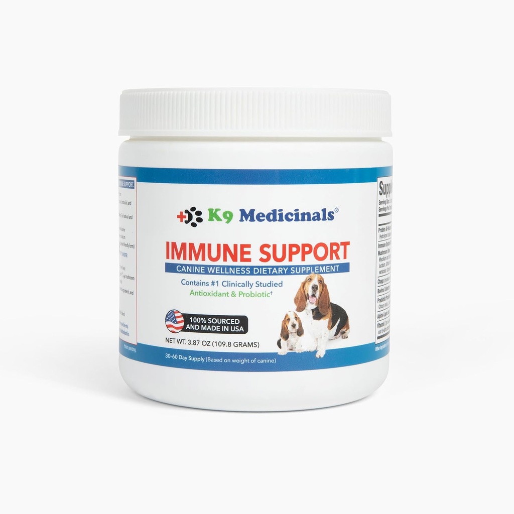 K9 Medicinals Daily Dog Immun Support Mushroom Blend - Probiotika og antioxidant Protein Powder - Gut Sundhed og fordøjelsessygdomme - Chaga, Alpha Lipoic Acid, og Bovine Colostrum - Beef Flavor, 4oz