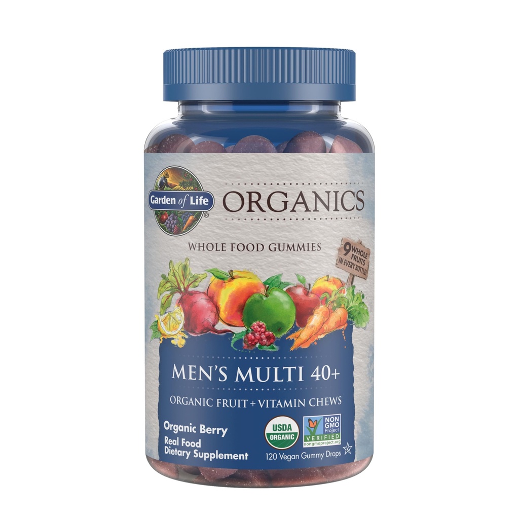 Life Organics Mænd 40 + Gummy Vitamin - Berry - Certificeret Organisk, Non- GMO, Vegan, Kosher Complete Multi - Methyl B12, C & D3 - Gluten, Soy & Dairy Free, 120 Real Fruit Gummies