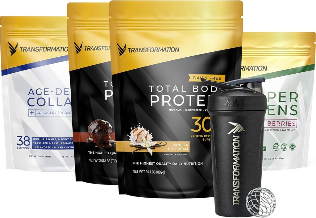 Transformation Vanilla & Chocolate Protein Powder | Super Greens Superfood Green Juice Powder | Grass-Fed Hydrolyzed Collagen Peptides Powder | Transformation Performance Shaker BlenderBottle