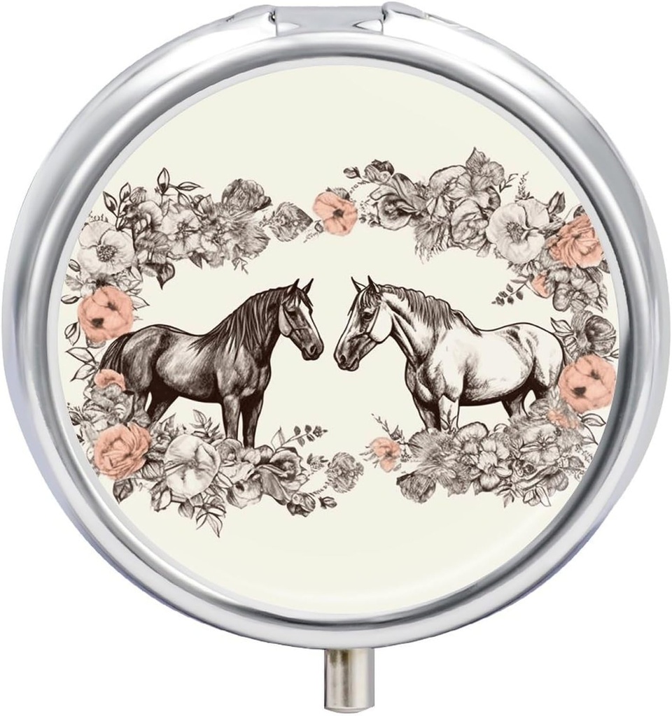 Round Metal Pill Box, Blomster og Heste Håndtræk Trykt Travel Pill Organizer Portable Pill Container Lille Pill Box til pung og lomme til opbevaring af vitaminer, medicin og kosttilskud