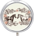Round Metal Pill Box, Blomster og Heste Håndtræk Trykt Travel Pill Organizer Portable Pill Container Lille Pill Box til pung og lomme til opbevaring af vitaminer, medicin og kosttilskud