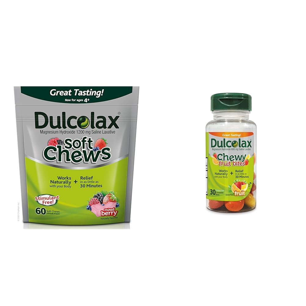 Dulcolax Soft Chews Saline Laxative Mixed Berry (60ct) Daltle Constipation Relief, Magnesium Hydroxid 1200mg & Chewy Fruit Bites, Saline Laxative, Assorted Fruit (30ct) Cramp-Free Constipment Relief