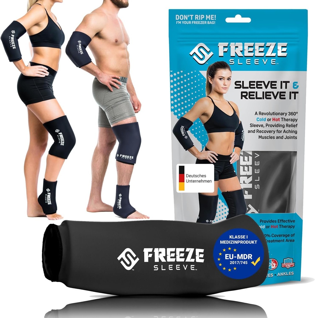 FreezeSleeve Ice & Heat Therapy Kompression Sleeve- Genanvendelig, Fleksibel Gel Hot / Cold Pack, 360 Dækning til knæ, albue, Ankle, arm- sort, X- lille