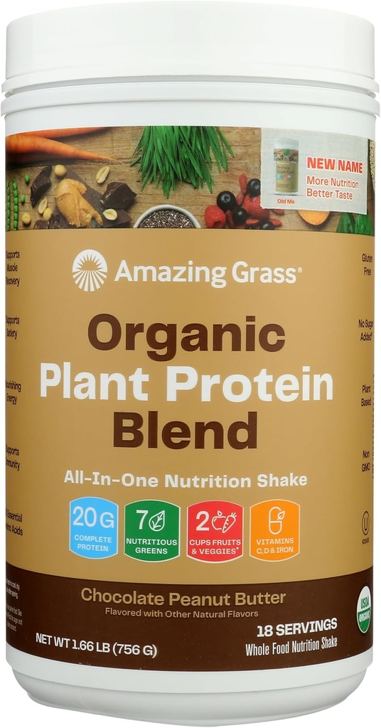 Amazing Grass Organic Plant Protein Blend: Vegan Protein Powder, New Protein Superfood Formel, All- In- One Nutrition Shake with Beet Root, Original, 18 Servere (Chokolade Peanut Butter)