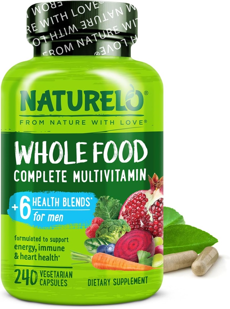 NATURELO Herre Multivitaminer - Hel mad Multivitamin til mænd med vitaminer, mineraler - 240 Vegetariske kapsler for energi, hjerne, hjerte, øje sundhed *