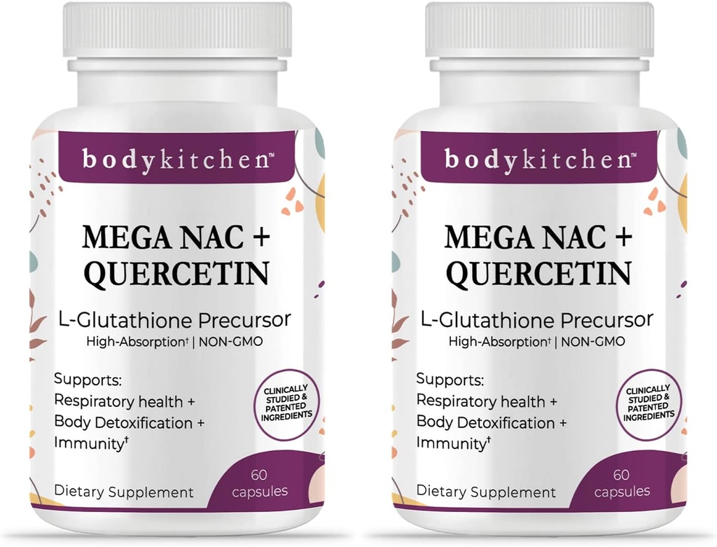Body Kitchen Mega NAC (N- Acetyl Cysteine) 600 mg med Quercetin, understøtter respiratorisk sundhed og immunfunktion og fremmer lever og nyredetox, Veggie Caps, (pakke med 2)