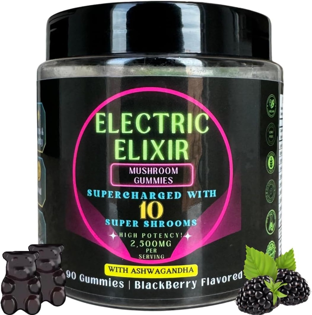 Lion 's Mane & Ashwagandha Supplement Mushroom Gummies - Økologisk, Vegansk, Nootrop, GlutenFree - Omfattende supplement til Brain Focus, Energy, Mood & Stamina - 10 Mushroom Blend 90Count BlackBerry