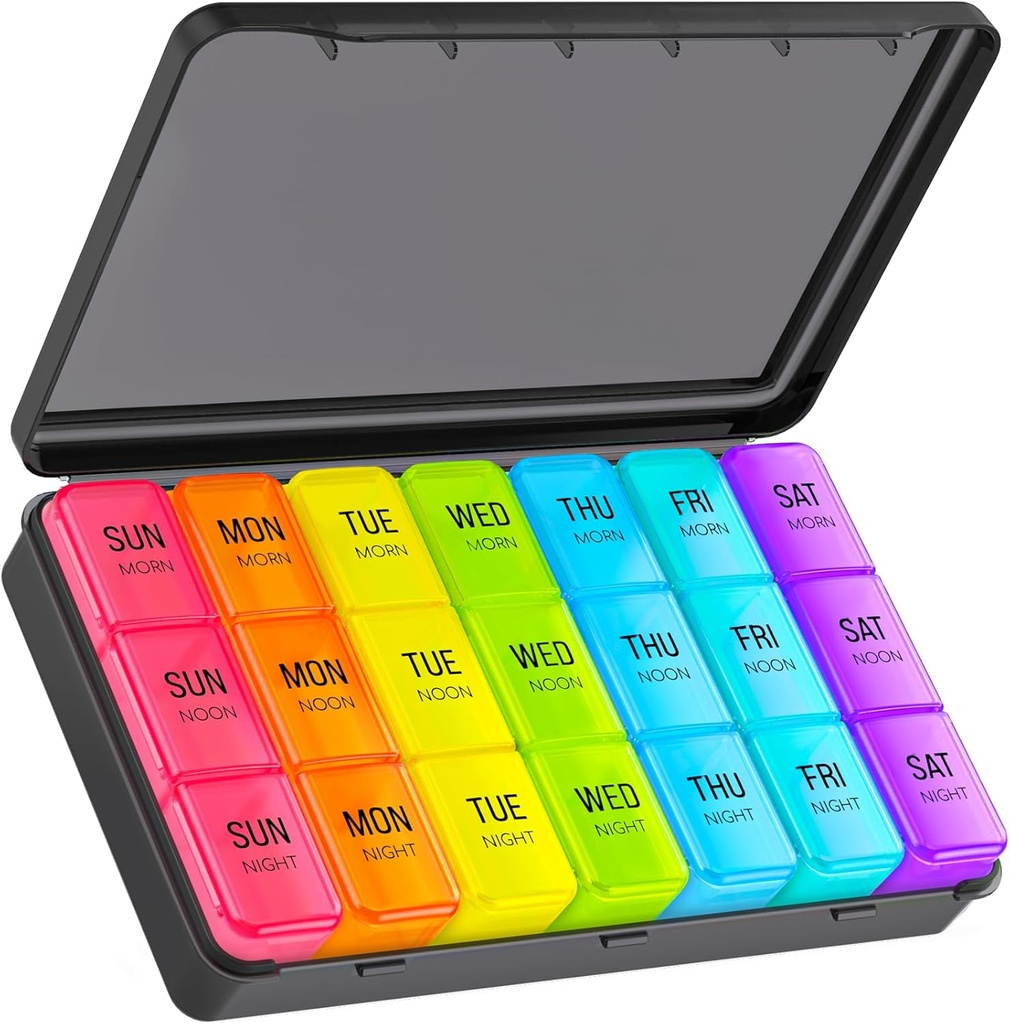 Stor Pill Organizer 3 gange om dagen, Ugentlig Pill Box 7 dag med sort ydre sag for beskyttelse af privatlivets fred & lys bevis, brugervenlig & transportabel Pill sag for vitaminer, fiskeolier, kosttilskud