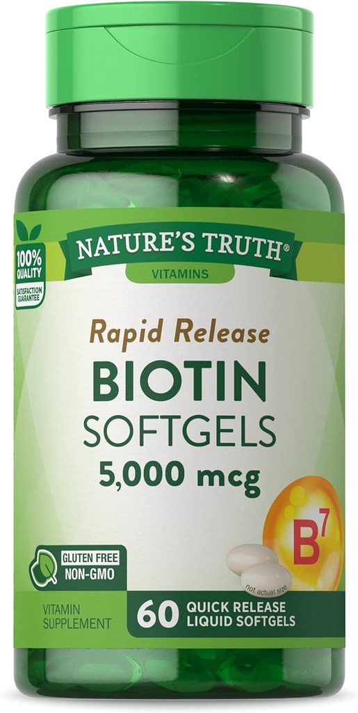 Nature 's Truth Biotin 5000mcg against 124; 60 softgels against 124; Non- GMO & Gluten Free Supplement for mænd og kvinder