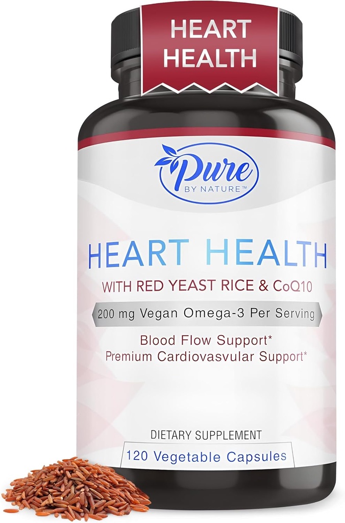Pure By Nature Red Gær Rice med CoQ10 supplement til mænd og kvinder, 200mg Vegan Omega 3 Per Serving, Gluten- Free Non- GMO, 120 kapsler