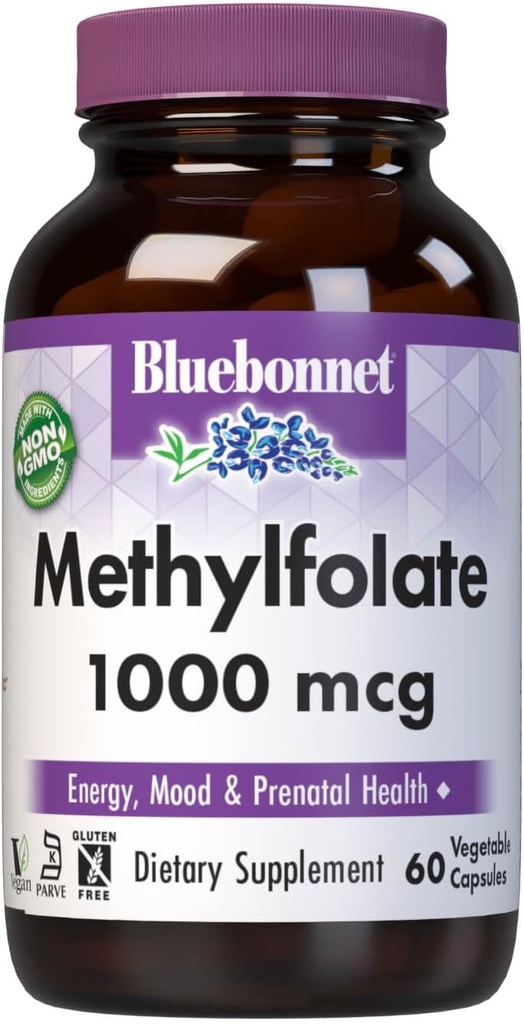 BlueBonnet Nutrition Methylfolate 1000 mcg, for Energy, Mood, and Prenatal Health *, Non- GMO, Vegan, Kosher Certified, Gluten- Free, 60 Vegetabilske kapsler, 60 Servere