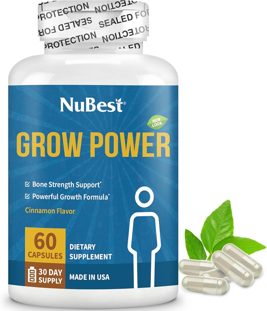 NuBest Grow Power - Calcium supplement - Magnesium tillæg med vitamin D3, B6, zink, fosfor- og multivitamin til stærke ben, Samlet sundhed for alder 10 + 10 + 12; 60 kapsler 124; 1 måned Supply