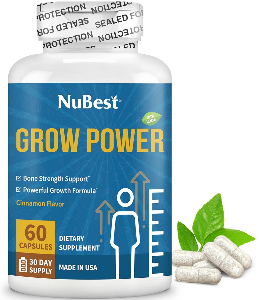 NuBest Grow Power - Calcium supplement - Magnesium tillæg med vitamin D3, B6, zink, fosfor- og multivitamin til stærke ben, Samlet sundhed for alder 10 + 10 + 12; 60 kapsler 124; 1 måned Supply