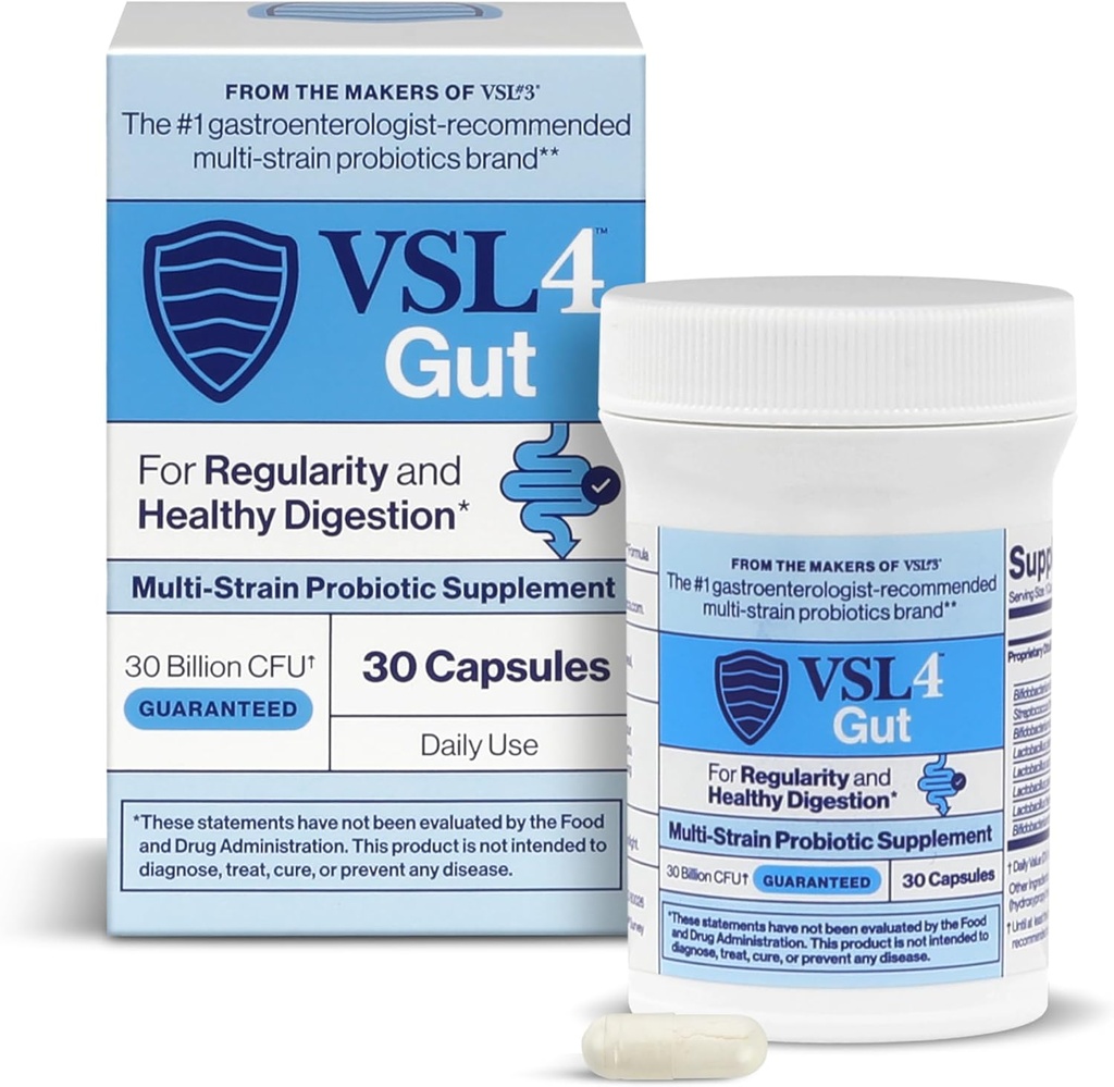 VSL4 ® Gut Daglig Probiotik til Gut Sundhed - 30B CFU 'er, Multi- Strain fordøjelsesstøtte til kvinder & mænd, fremmer Gut Balance & Regularitet, Potent, Shelf- Stable Probiotisk supplement, 30 kapsler