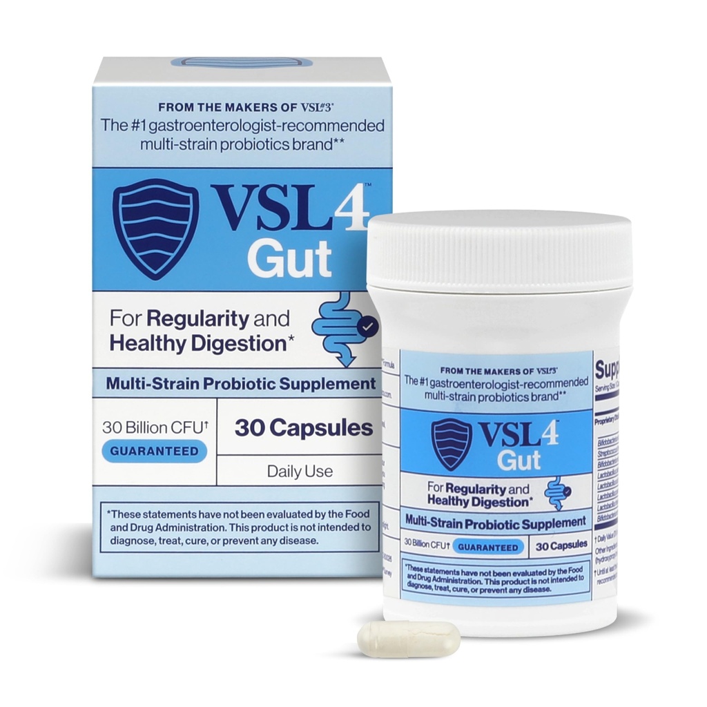 VSL4 ® Gut Daglig Probiotik til Gut Sundhed - 30B CFU 'er, Multi- Strain fordøjelsesstøtte til kvinder & mænd, fremmer Gut Balance & Regularitet, Potent, Shelf- Stable Probiotisk supplement, 30 kapsler