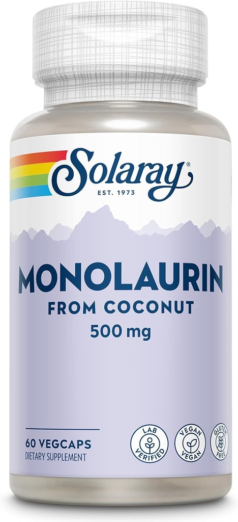 SOLARAY Monolaurin 500mg fra Natural Coconut - Monolaurin supplement til kraftfuld ernæringsmæssig support - 60-dages pengene tilbage garanti, Lab Verified - 60 Servere, 60 VegCaps