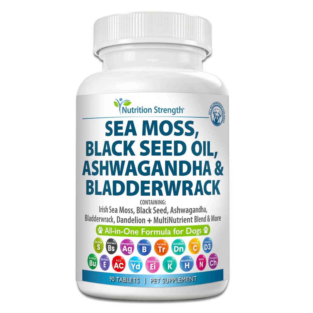 Sea Moss for Dogs - 17-in-1 Immunity, Skin & Coat Support with Black Seed Oil, Ashwagandha & Turmeric for Daily Vitality & Seasonal Allergy Relief - 90 Chewable Tablets