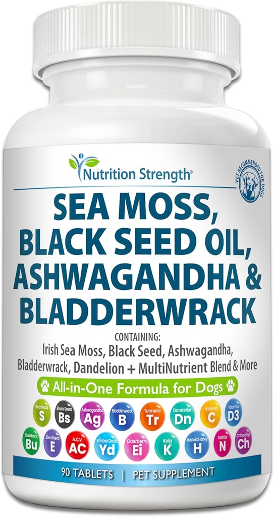 Sea Moss til hunde 750mg Black Seed Oil 500mg Ashwagandha 250mg Gurkemeje 250mg Bladerwrack 250mg Mælkebøtte 250mg & C-vitamin D3 med Elderberry Manuka Yellow Dock 90 tabletter