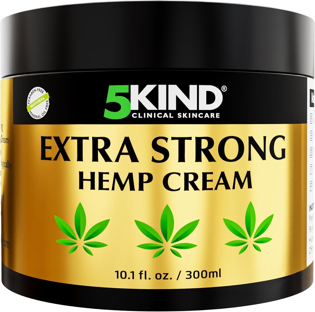 5kind Extra Strong Hamp Cream 10.1 fl oz - Maksimal styrke - Natural lindrende Relief Joint Cream - Muscle Rub til nedre ryg, Joints, Neck, Knees & Skuldere