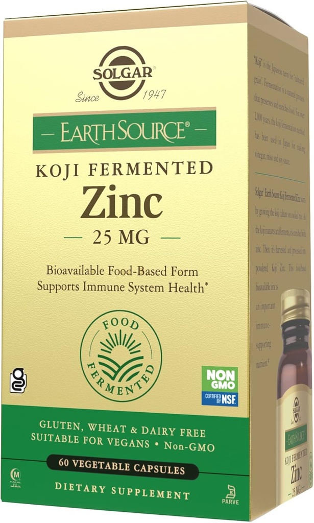 Solgar Earth Source Food Fermented Koji Zink 25mg, 60 Vegetabilske kapsler - høj- Absorption, Biotilgængelig Zink til immun- og hudsundhed - non-GMO, Vegan, Gluten Nej, Dairy No, Kosher - 60 Servere