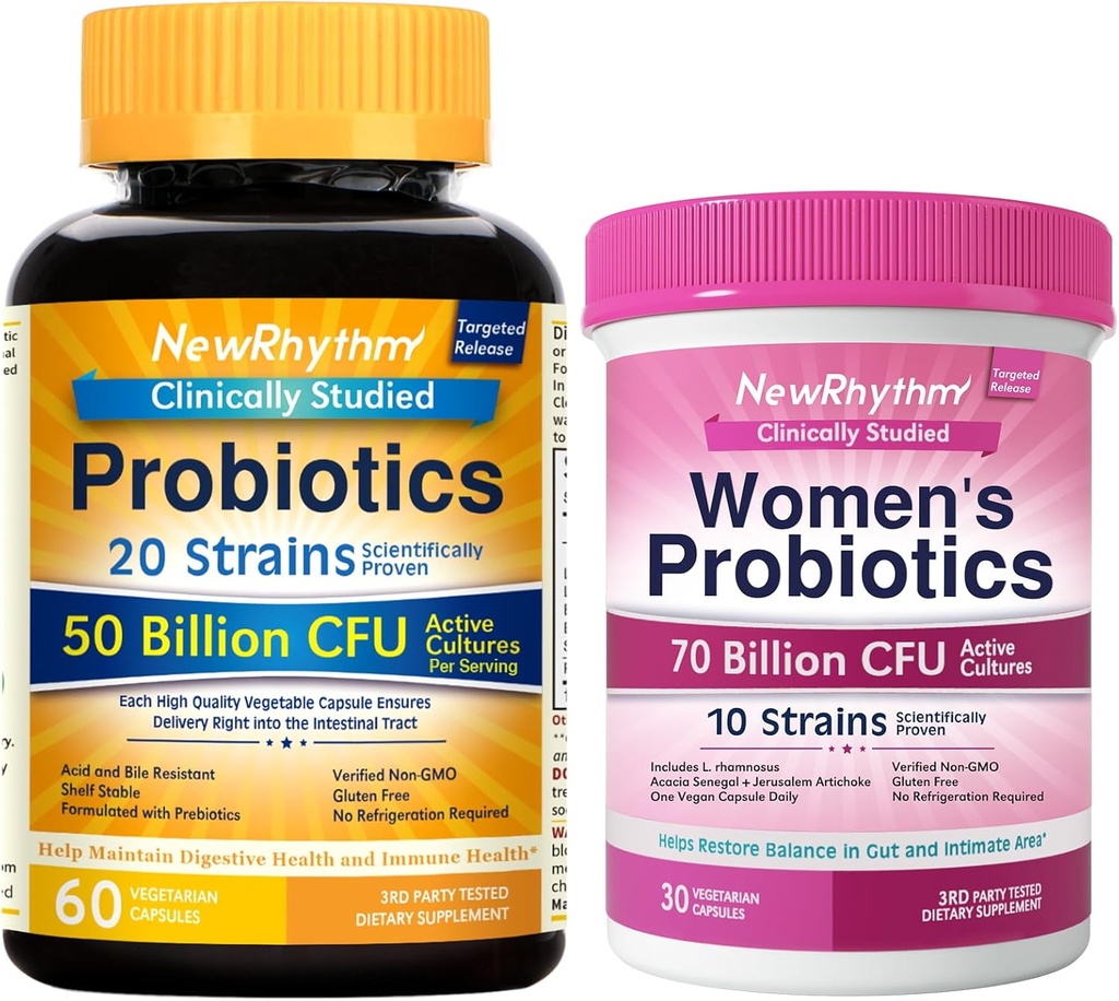 NewRhythm Gut & Feminin Health Bundle, Probiotika 50 milliarder CFU & kvinders Probiotika 70 milliarder CFU, Daily Gut Health & Feminin Care, 90 kapsler i alt (pakke med 2)