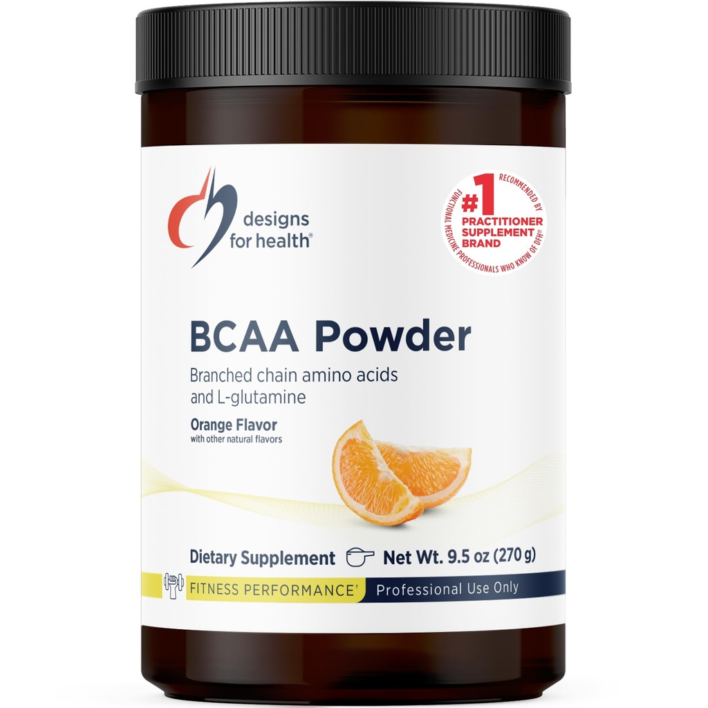 Design for sundhed BCAA pulver med L- Glutamin - forgrenet kæde Aminosyrer pulver + L- Glutamin supplement til støtte muskler + workouts - Orange Smagsfyldt drik mix (30 Servere / 270g)