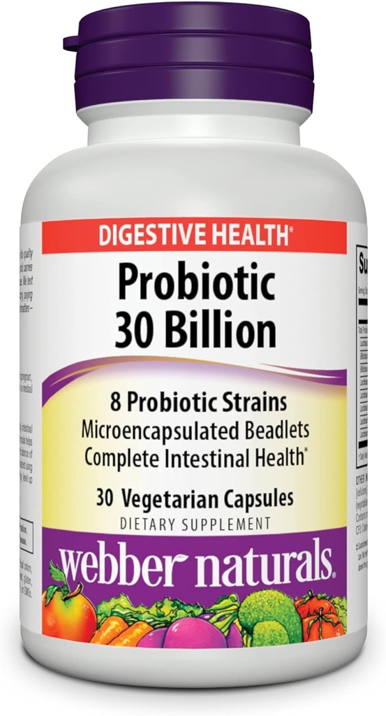 Webber Naturals Probiotika, høj potens, 30 Millioner CFU, for mænd, kvinder, og voksne, Hylde Stable (ingen køling kræves), 8 Probiotiske Strops, 30 Vegetariske Kapsler, for fordøjelse