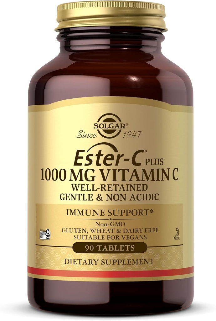 Solgar Ester- C Plus 1000 mg C-vitamin (Ascorbat Complex), 90 tabletter - blid på Maven og ikke syre - Antioxidant & immunsystem support - Ikke GMO, Vegan, Gluten- Free, Kosher - 90 Servere