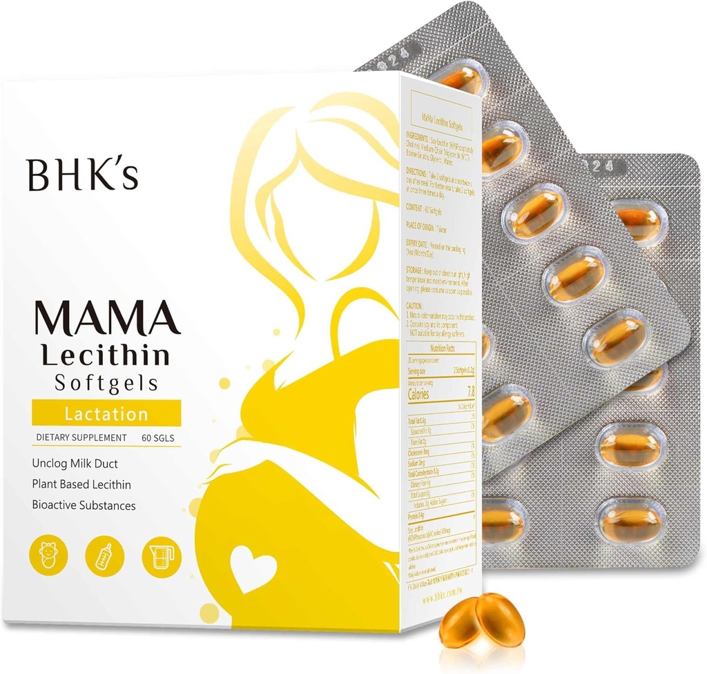 BHK 's Mama Lecithin Softels, Unclog Breast Ducks for Smoother Amning, supplement til Graviditet, Undgå Clouged Milk Ducks, 60 softels, 2-ugers levering