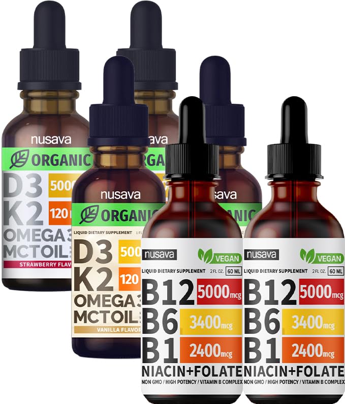 NUSAVA Vitamin B12 Flydende dråber Bundle, Strawberry Flavored D3 K2, & Vanilla Flavored D3 K2 - Potent flydende vitaminer til hjerte, energi, hjerne og immunforsvar - Non- GMO, Gluten- fri, 2pk Hver
