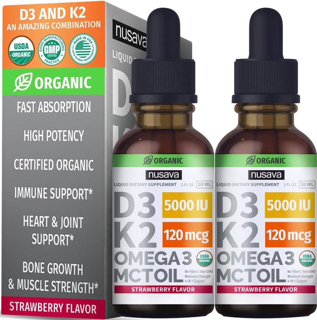 NUSAVA Vitamin B12 Flydende dråber Bundle, Strawberry Flavored D3 K2, & Vanilla Flavored D3 K2 - Potent flydende vitaminer til hjerte, energi, hjerne og immunforsvar - Non- GMO, Gluten- fri, 2pk Hver