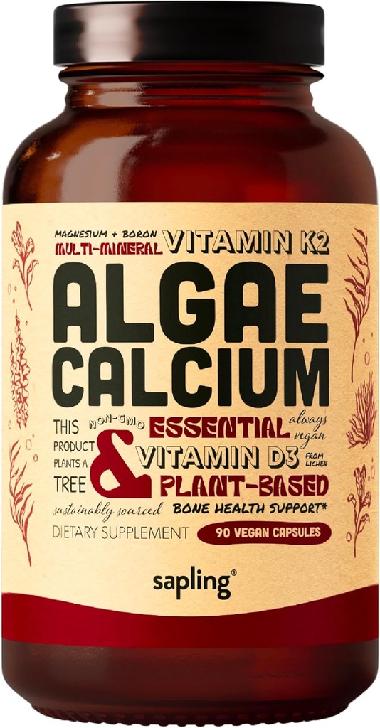 Calciumtilskud - hel mad med vitamin K2 & D3, magnesium, zink, bor, mineralkompleks. Sendt bæredygtigt fra Red Algae. for ben styrke og støtte. Non- GMO & Vegan 90 kapsler.