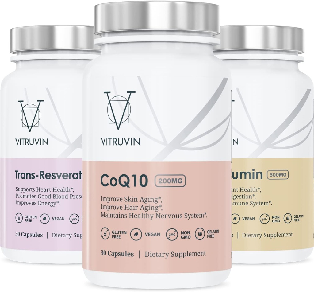 Vitruvin Beauty + Comfort Pack COQ10 200mg + Trans- Resveratrol 500mg + Curcumin 500mg, Vegan, Non- GMO, Gluten- Free, Gelatin- Free. Sund hud, Hørt, Joints og Brain