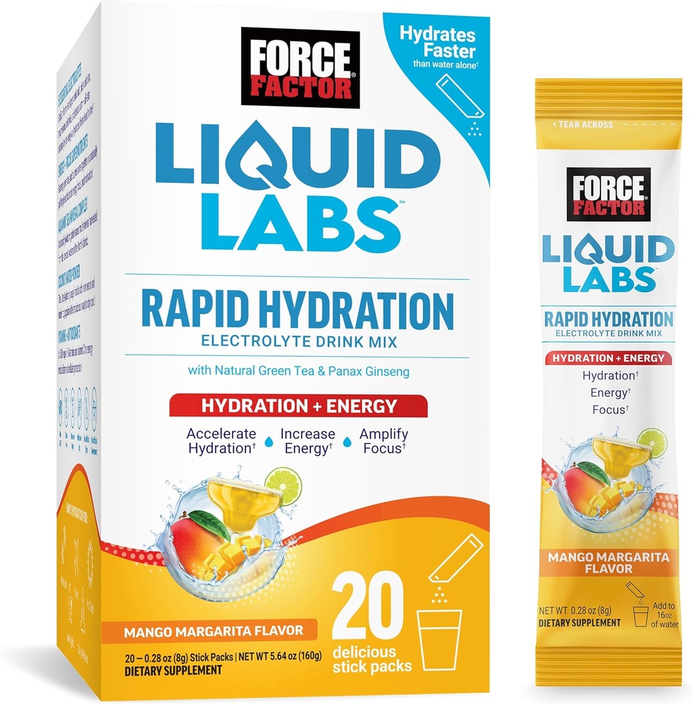 Kraftfaktor flydende Labs Electrolytes Powder Packets - Mango Margarita - Energy Hydration Packets til at lave elektrolytvand med 5 essentielle elektrolyter, Vitamin, Minerals & Antioxidanter, 20 Stick Packs