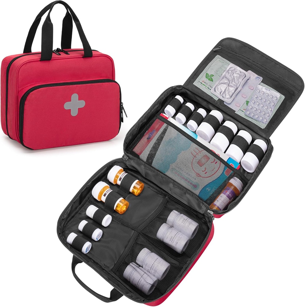 CURMIO Pill Flaske Organizer Portable Medicine Bag, Lockable receptpligtig Flaske Opbevaring for Pille Flasker, Vitaminer, Medicinske Kosttilskud til Home Storage og Rejser, Rød (Tom Medicine Bag)